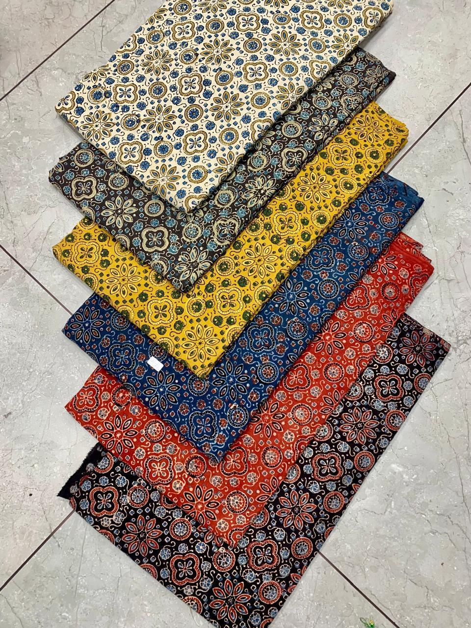 Ajrakh pure cotton handblock printed fabric in black base with multicolour mixed patterns